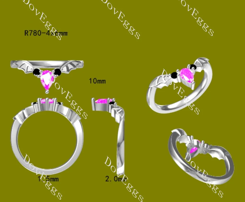 OZZY prince of darkness-Pear Vampire Gothic Bat Wings colored gem wedding band-2.0mm band width| Doveggs