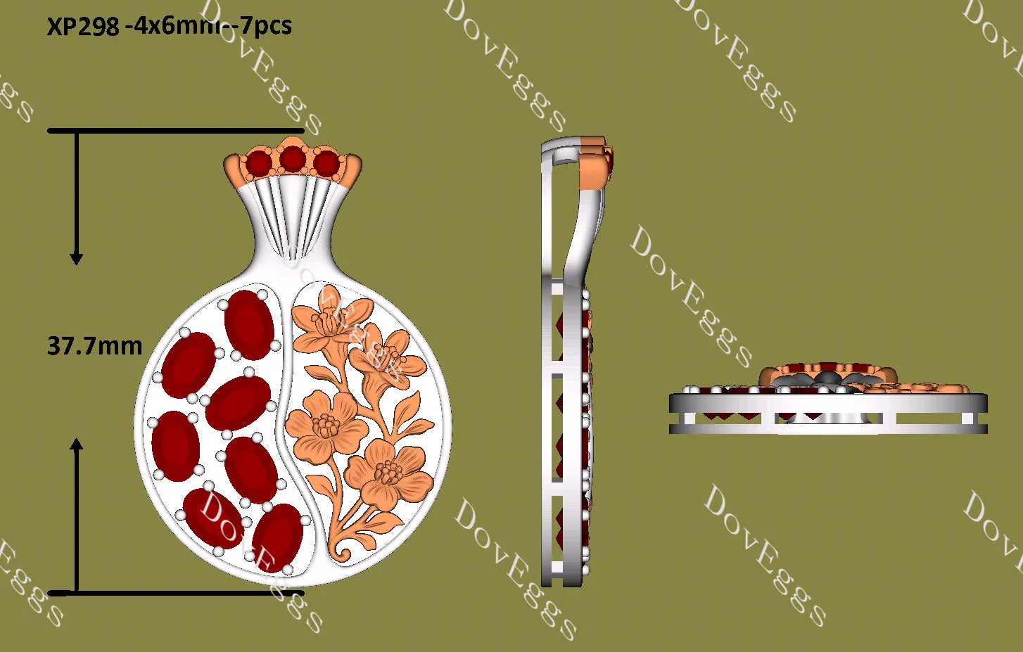Oval flower carving colored gem pomegranate pendant necklace (pendant only)| Doveggs