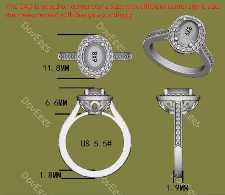 Oval half eternity pave halo moissanite engagement ring| Doveggs