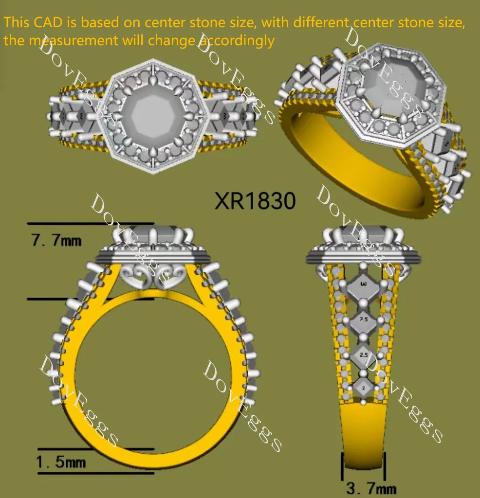Octagon art deco halo 3/4 eternity moissanite engagement ring| DovEggs