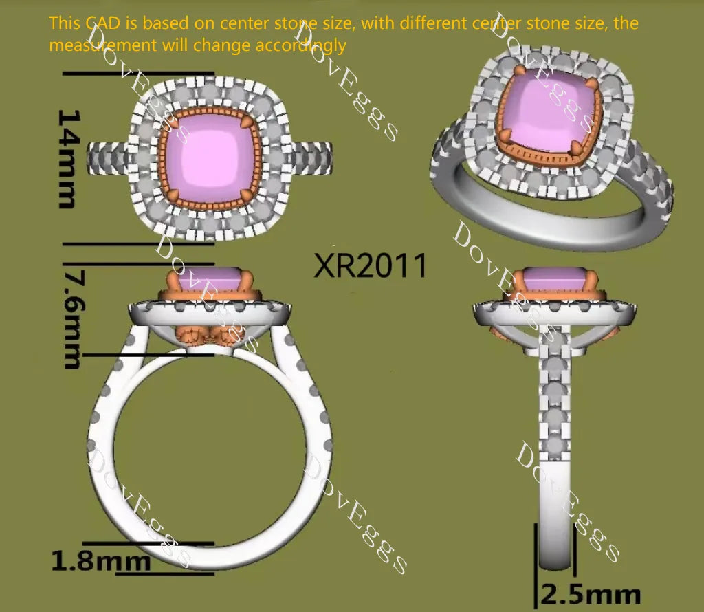 Pink Rose-Cushion bezel halo half eternity moissanite engagement ring| DovEggs