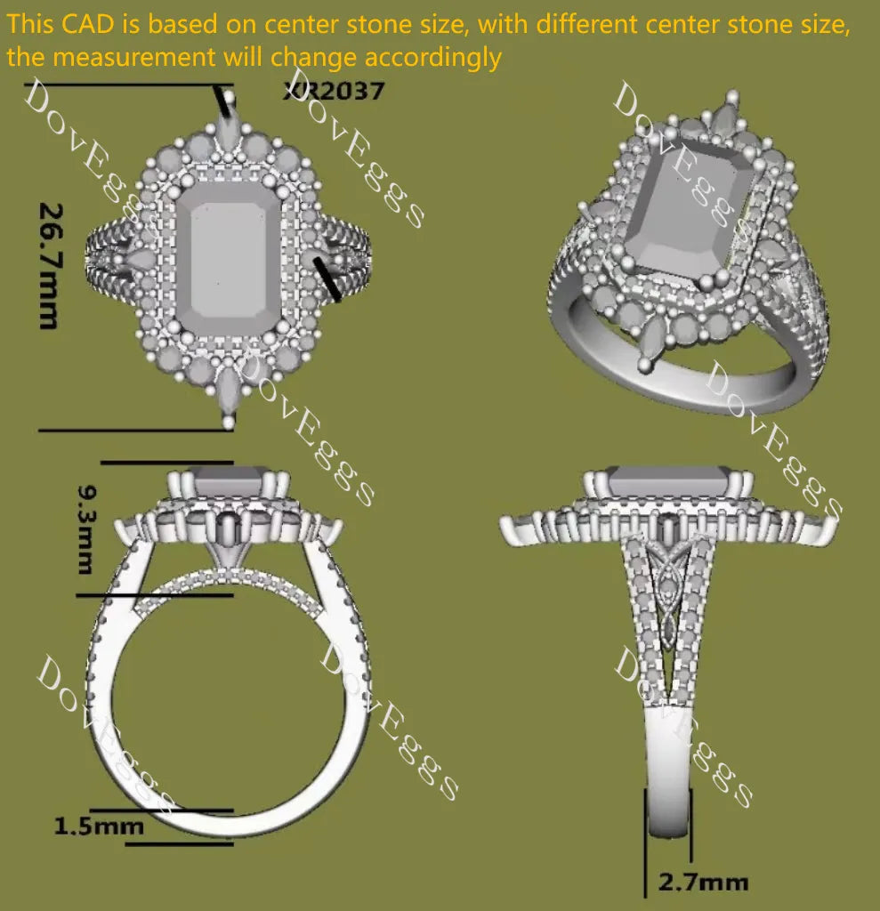 Radiant halo pave vintage moissanite engagement ring| DovEggs