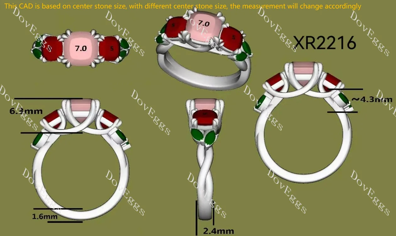Devra's Rose cushion art deco three stones colored gem engagement ring| DovEggs