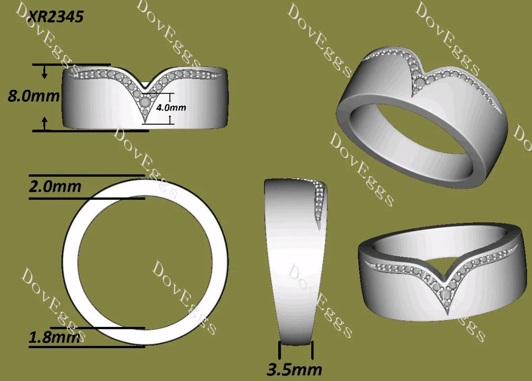 Round V-shaped pave moissanite wide wedding band-3.5-8mm band width| Doveggs