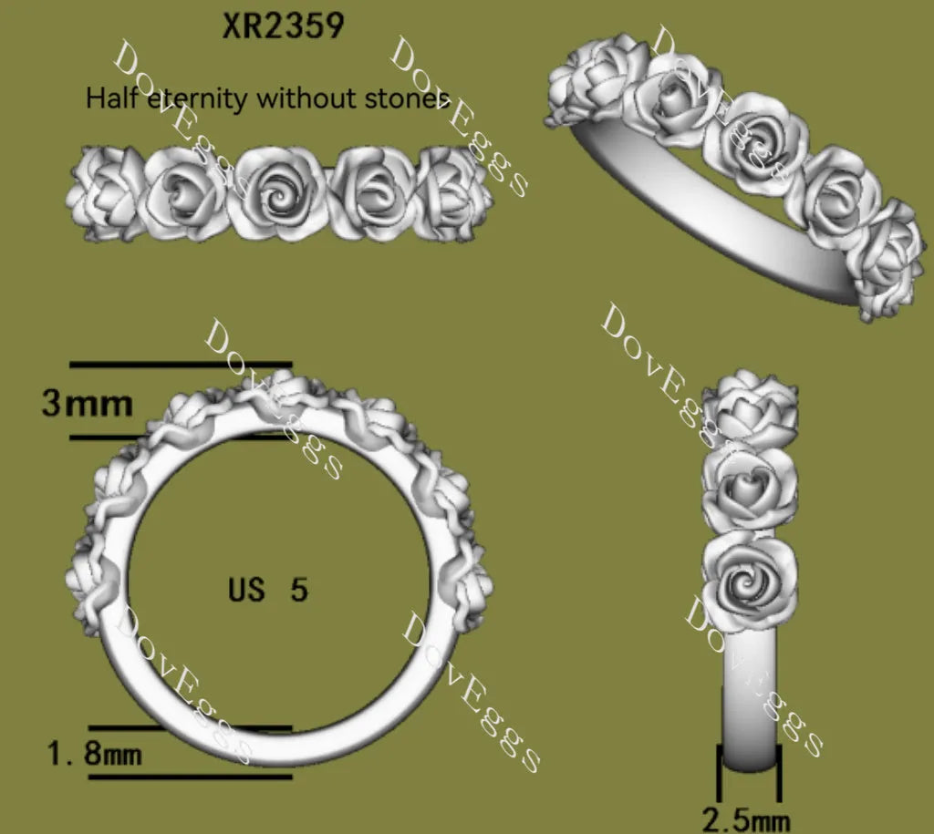 Feminine and rose floral vintage half/full eternity wedding band| Doveggs