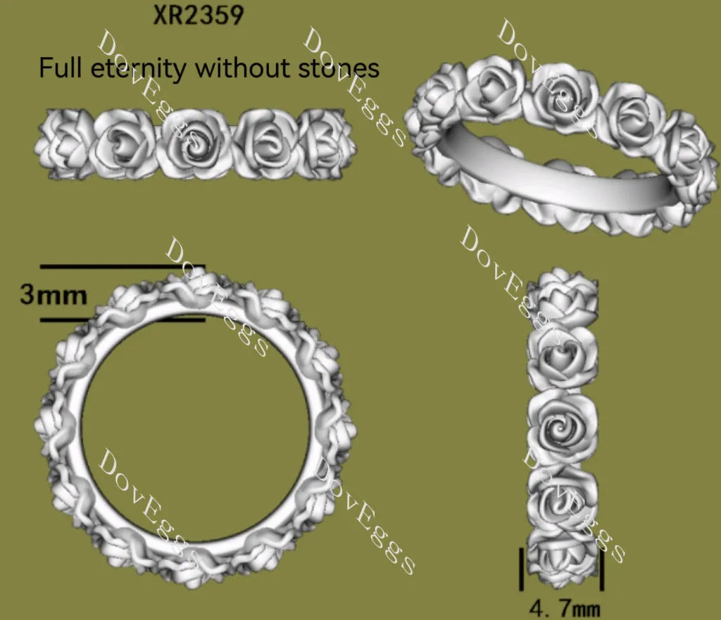 Feminine and rose floral vintage half/full eternity wedding band| Doveggs