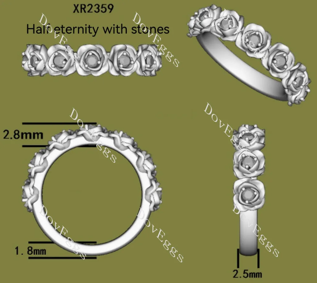 Feminine and rose floral vintage half/full eternity wedding band| Doveggs