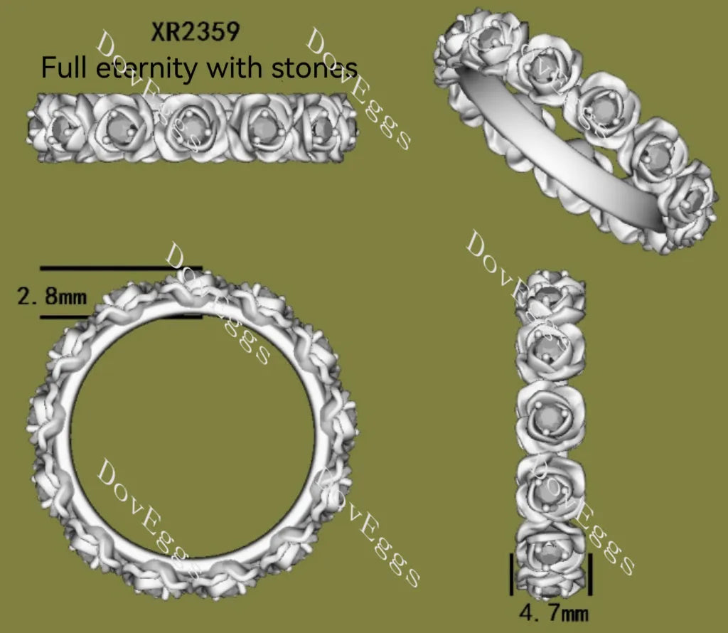 Feminine and rose floral vintage half/full eternity wedding band| Doveggs