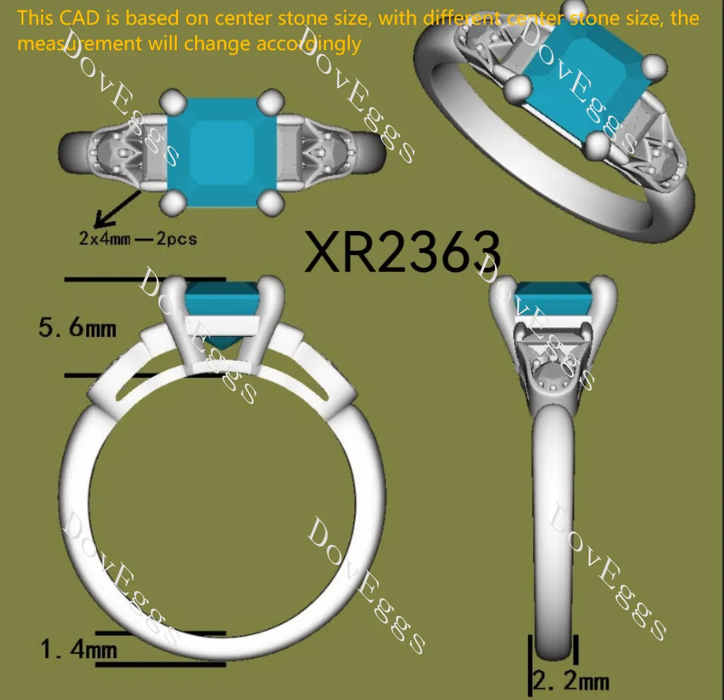 Radiant art deco side stones moissanite engagement ring| DovEggs