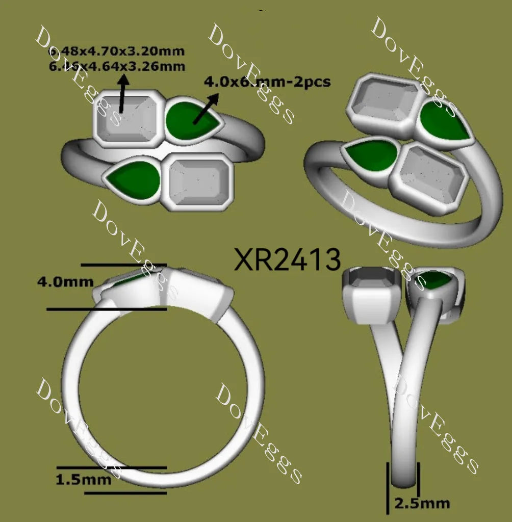 Emerald pear bezel four stones art deco moissanite engagement ring| Doveggs