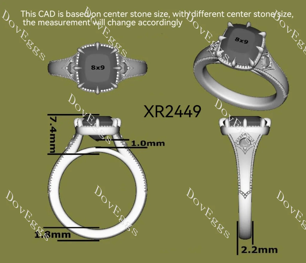 Cushion carved vintage side stones stardust grey moissanite engagement ring| DovEggs