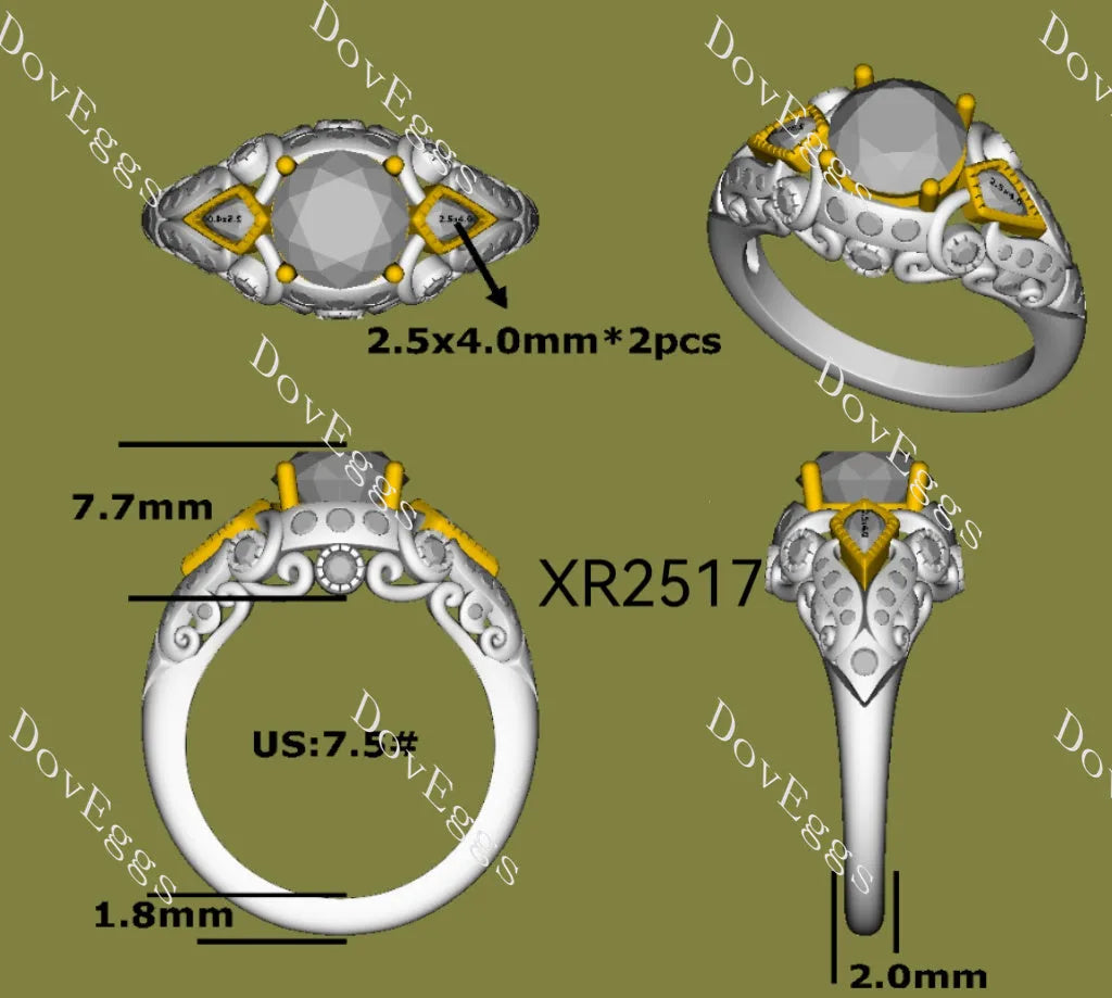 Round art deco side stones moissanite engagement ring| DovEggs