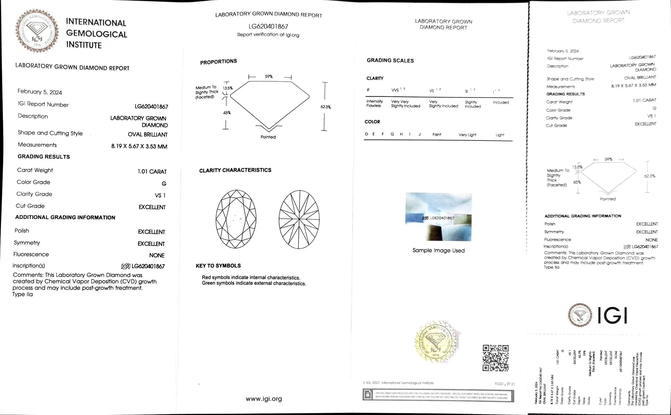 1.01ct Oval Cut Lab Diamond - G Color VS1 | Doveggs Certified