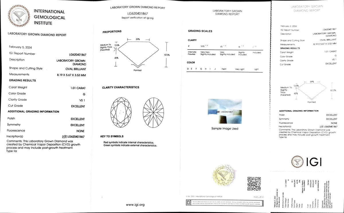 1.01ct Oval Cut Lab Diamond - G Color VS1 | Doveggs Certified
