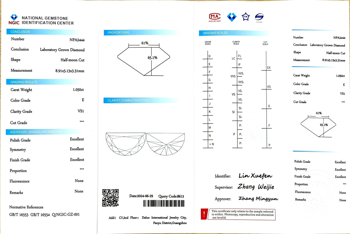 1.050ct Half-Moon Lab Diamond - E Color VS1 | Doveggs Certified