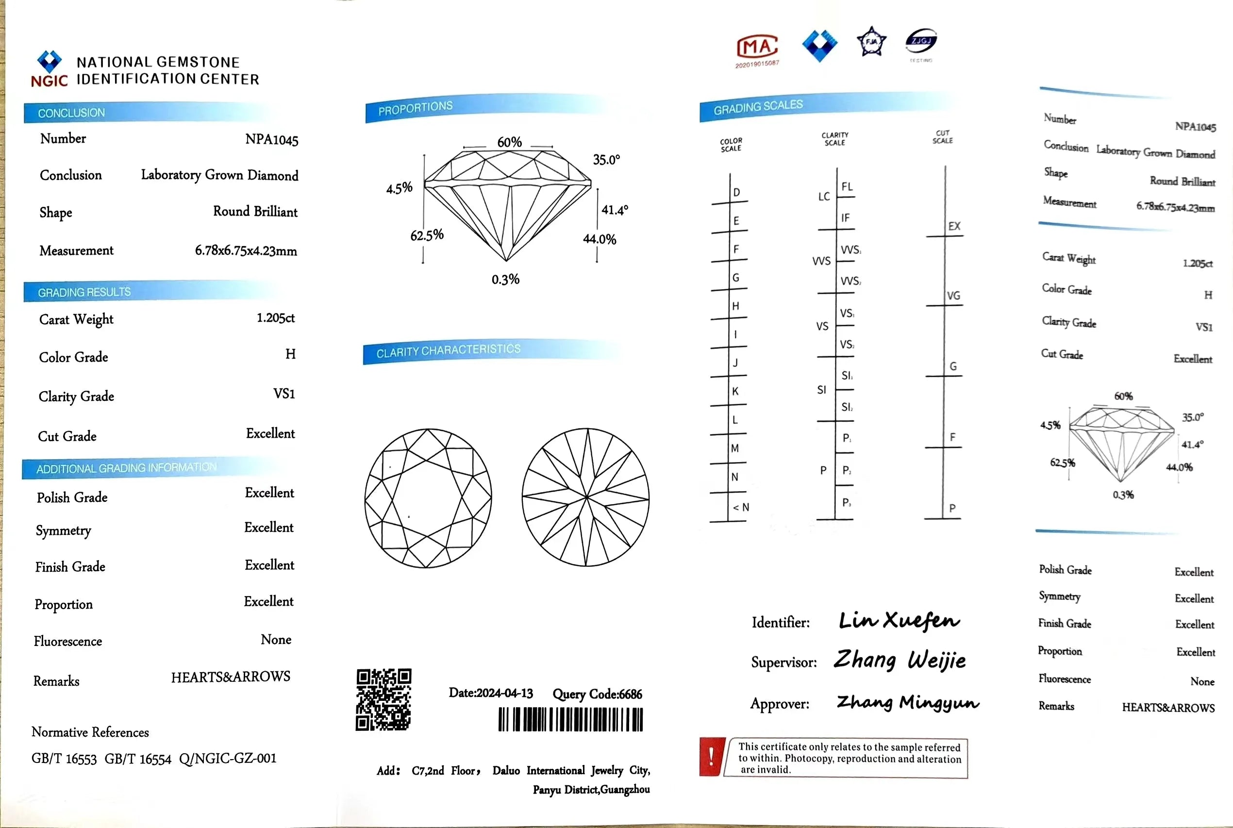 1.205ct Round Cut Lab Diamond - H Color VS1 | Doveggs Certified