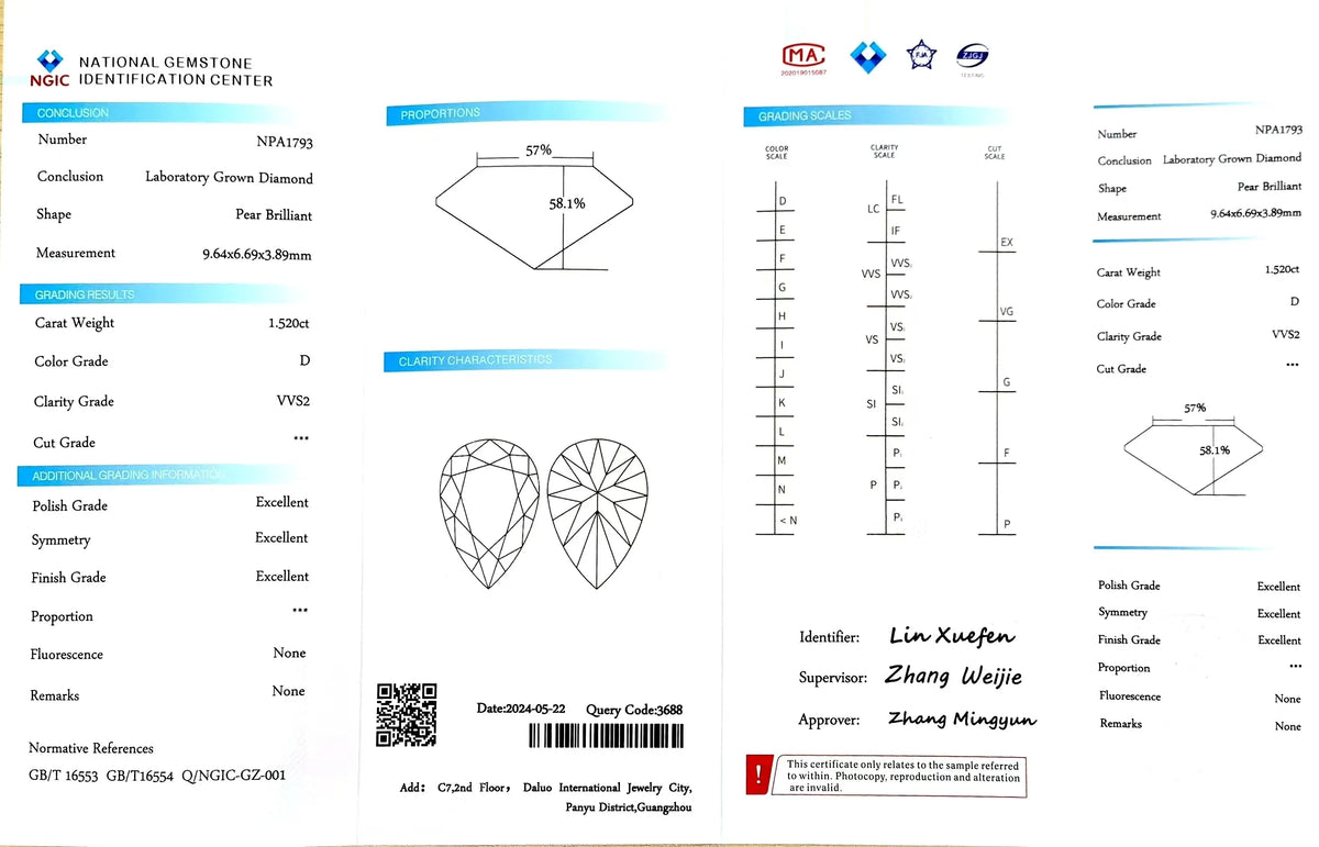 1.520ct Pear Lab Diamond - D Color VVS2 | Doveggs Certified