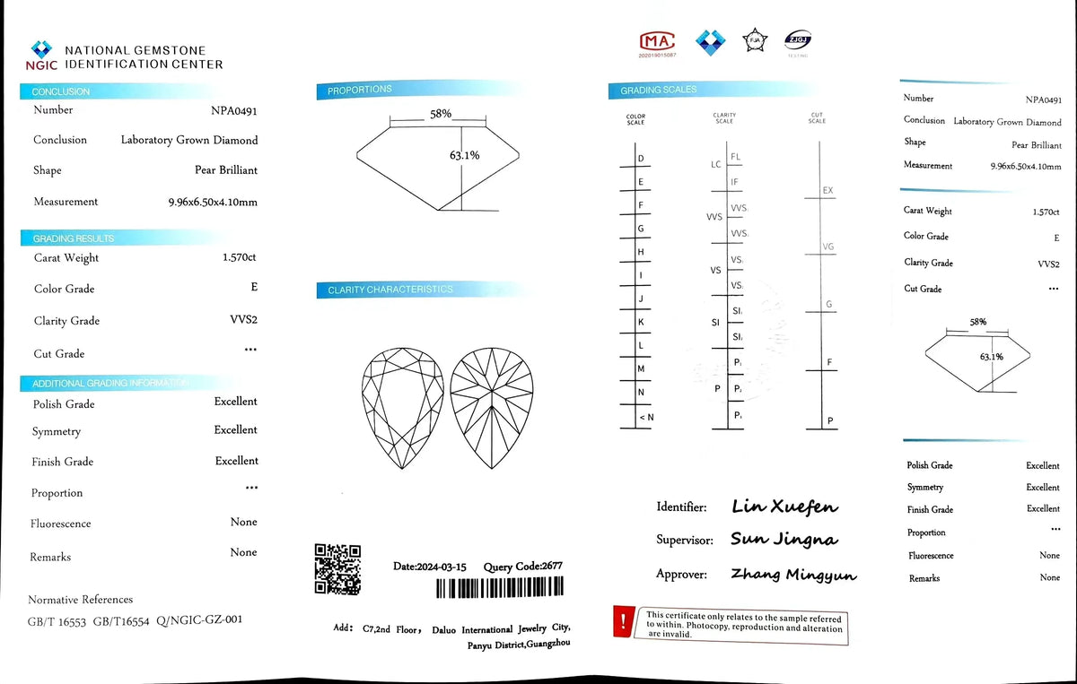 1.570ct Pear Cut Lab Diamond - E Color VVS2 | Doveggs Certified