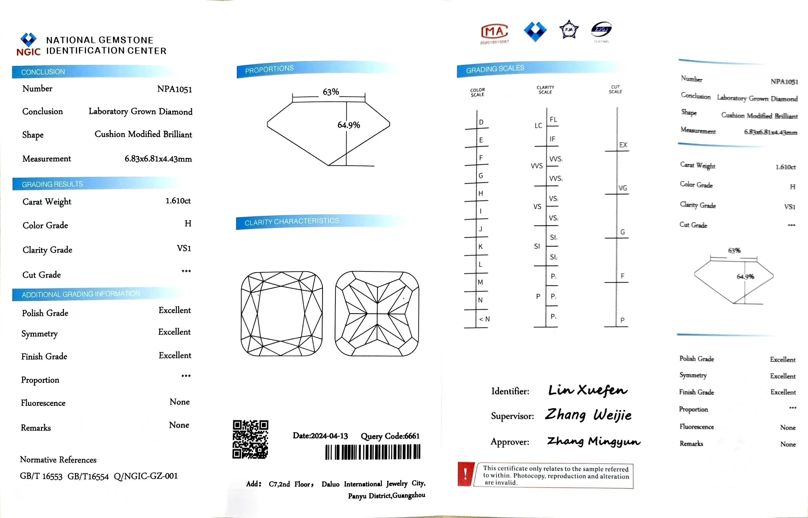 1.610ct Cushion Cut Lab Diamond - H Color VS1 | Doveggs Certified