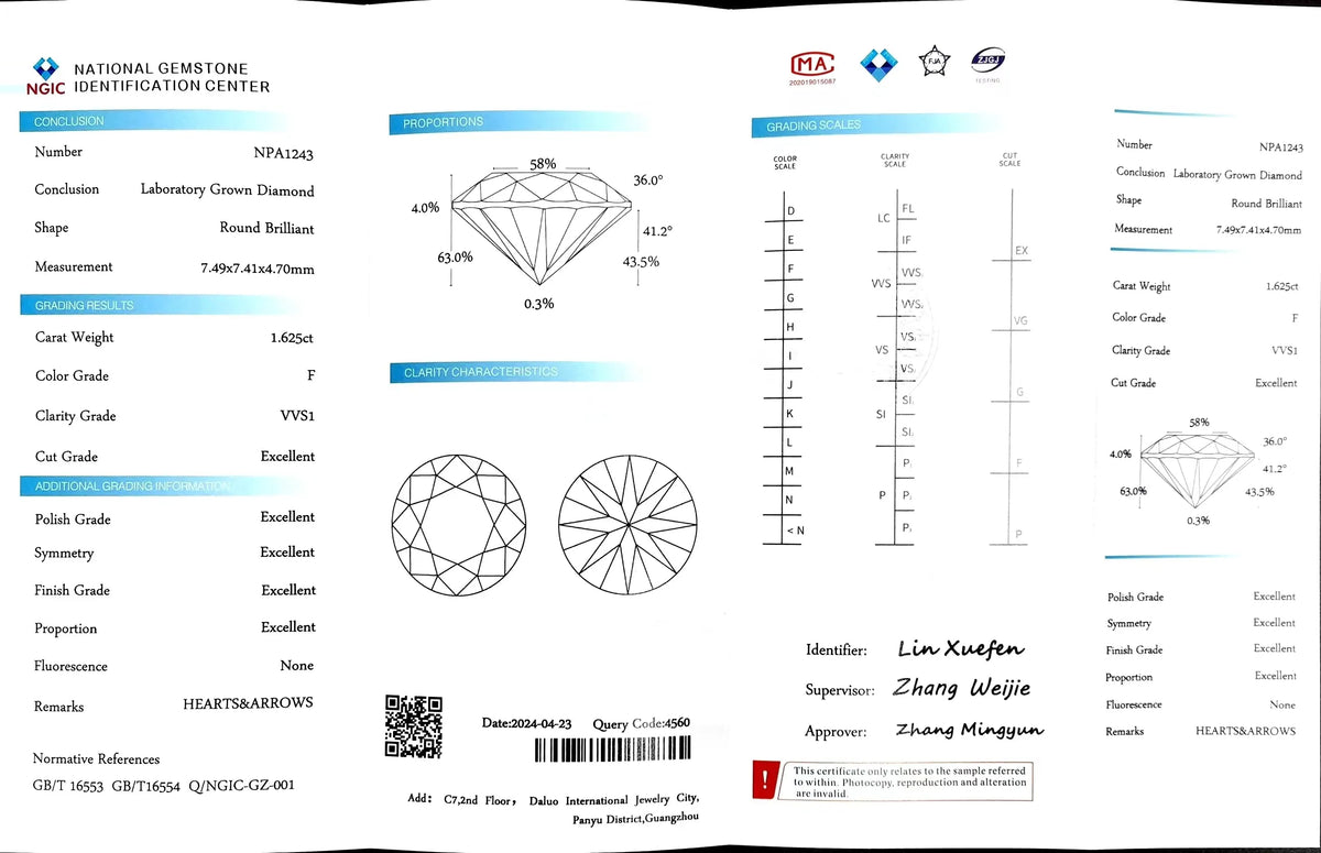 1.625ct Round Cut Lab Diamond - F Color VVS1 | Doveggs Certified