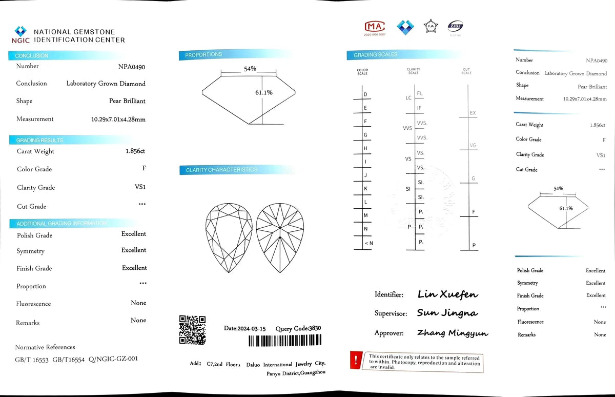 1.856ct Pear Cut Lab Diamond - F Color VS1 | Doveggs Certified