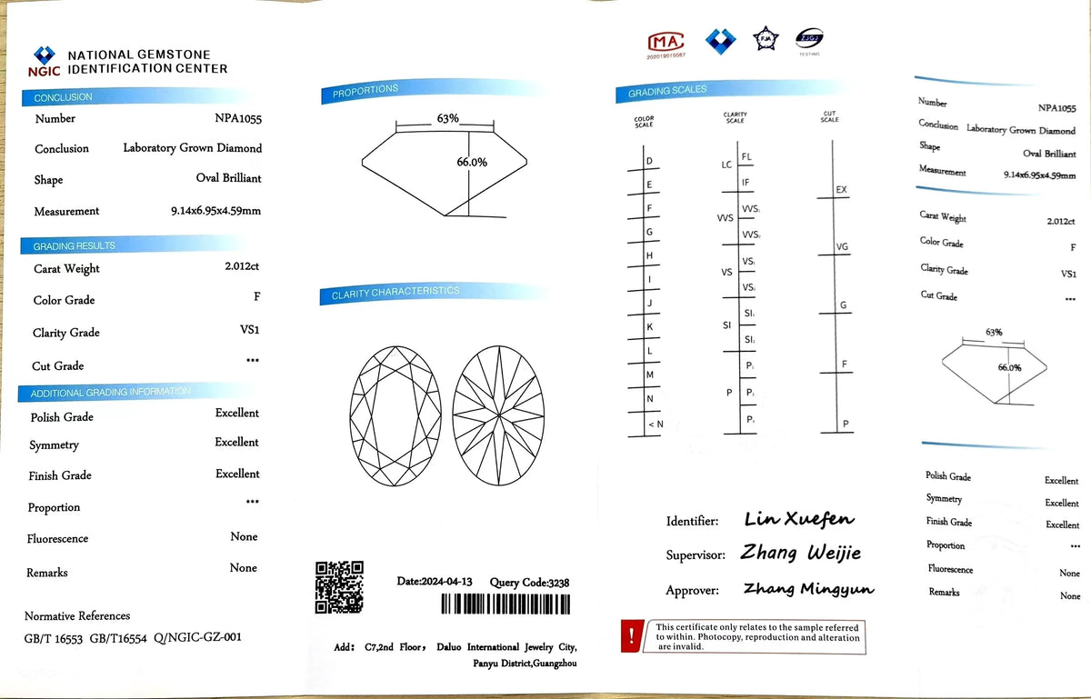 2.012ct Oval Cut Lab Diamond - F Color VS1 | Doveggs Certified