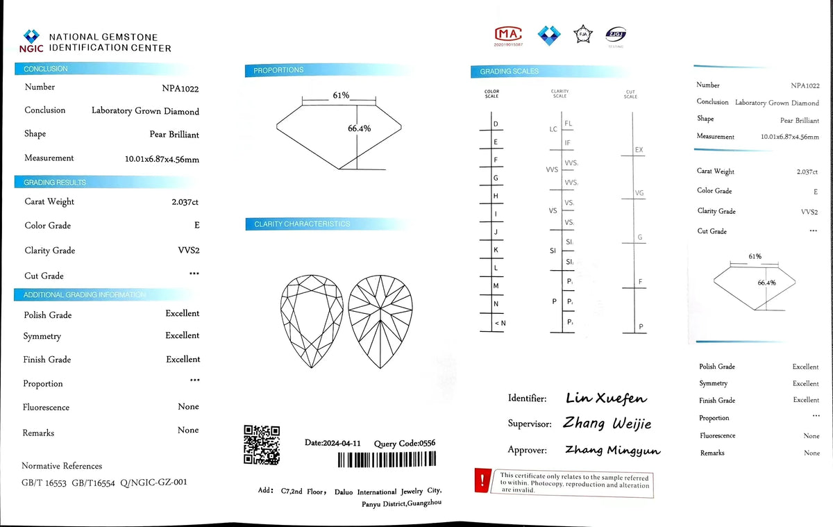 2.037ct Pear Cut Lab Diamond - E Color VVS2 | Doveggs Certified