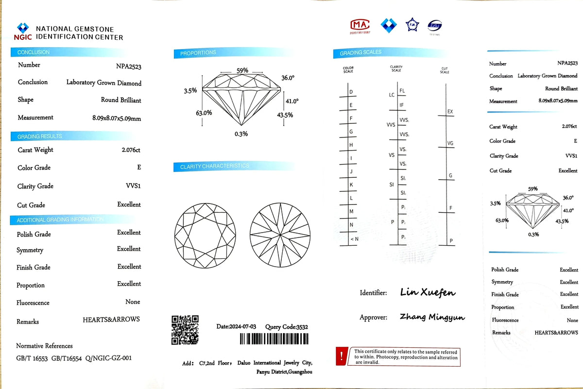 2.076ct Round Lab Diamond - E Color VVS1 | Doveggs Certified