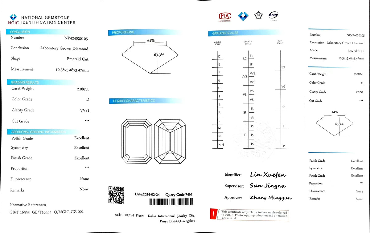 2.087ct Emerald Cut Lab Diamond - D Color VVS1 | Doveggs Certified