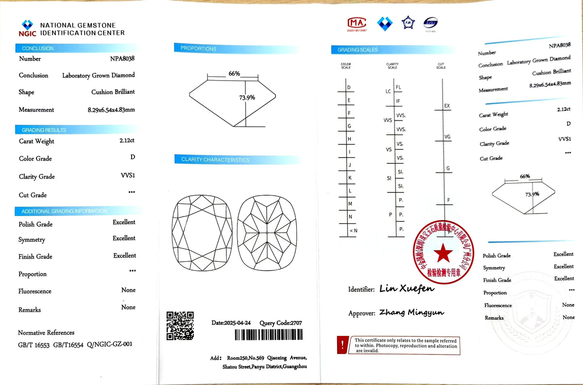 2.12ct Cushion Lab Diamond - D Color VVS1 | Doveggs Certified