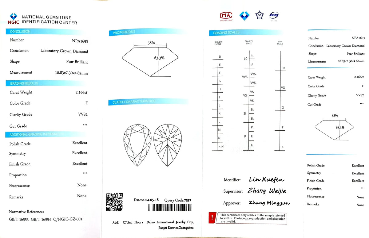 2.166ct Pear Lab Diamond - F Color VVS2 | Doveggs Certified