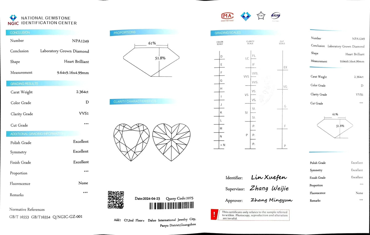 2.364ct Heart Cut Lab Diamond - D Color VVS1 | Doveggs Certified