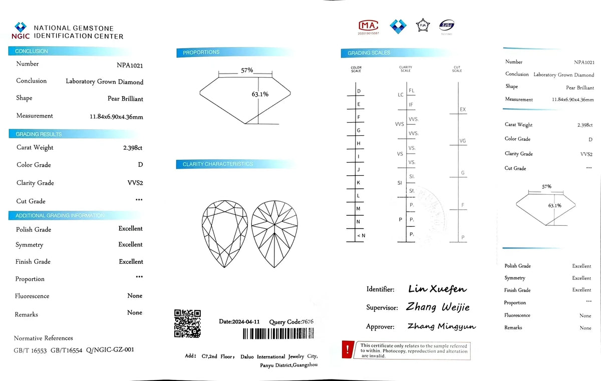 2.398ct Pear Cut Lab Diamond - D Color VVS2 | Doveggs Certified