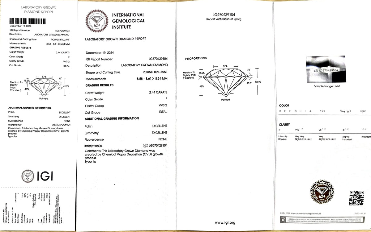 2.44ct Round Cut Lab Diamond – F Color VVS2 | Doveggs Certified