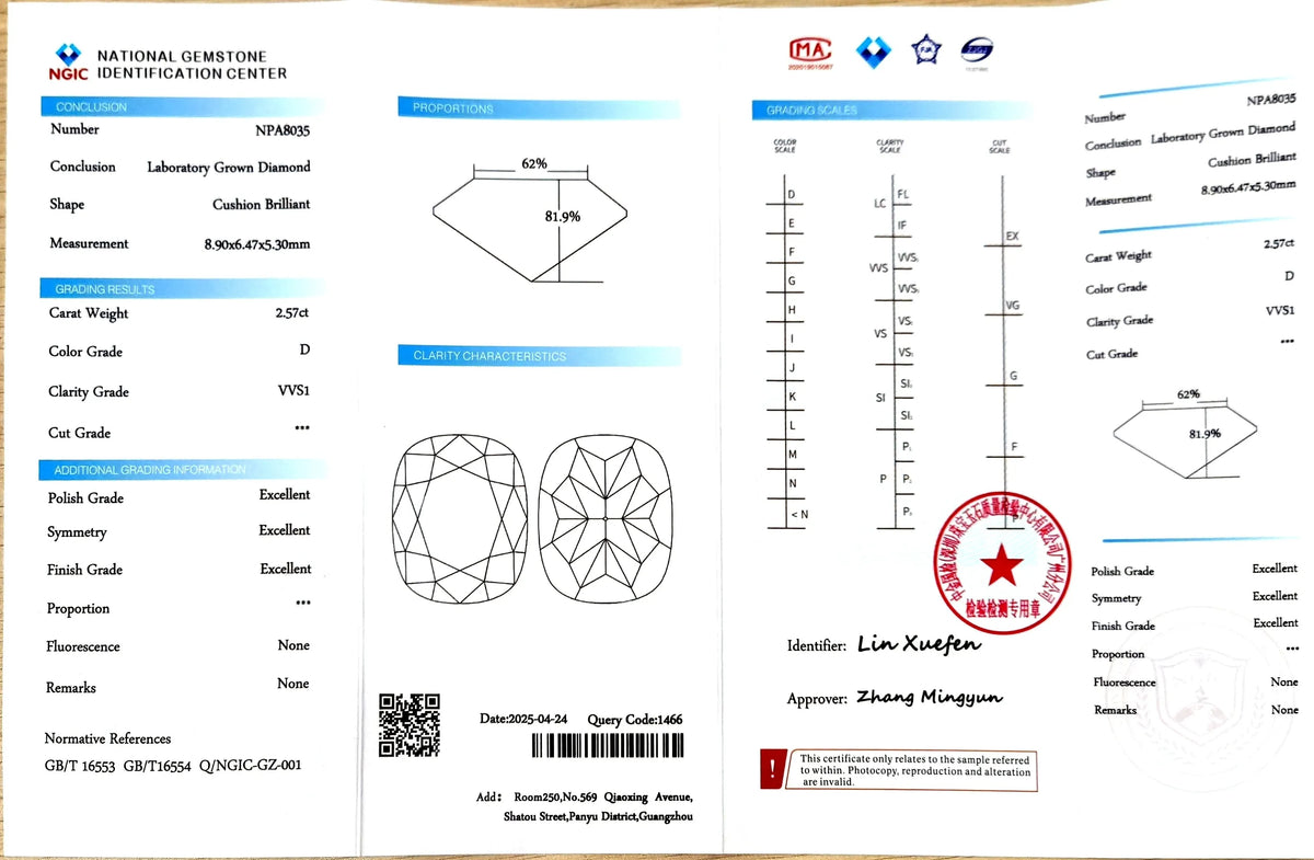 2.57ct Cushion Lab Diamond - D Color VVS1 | Doveggs Certified