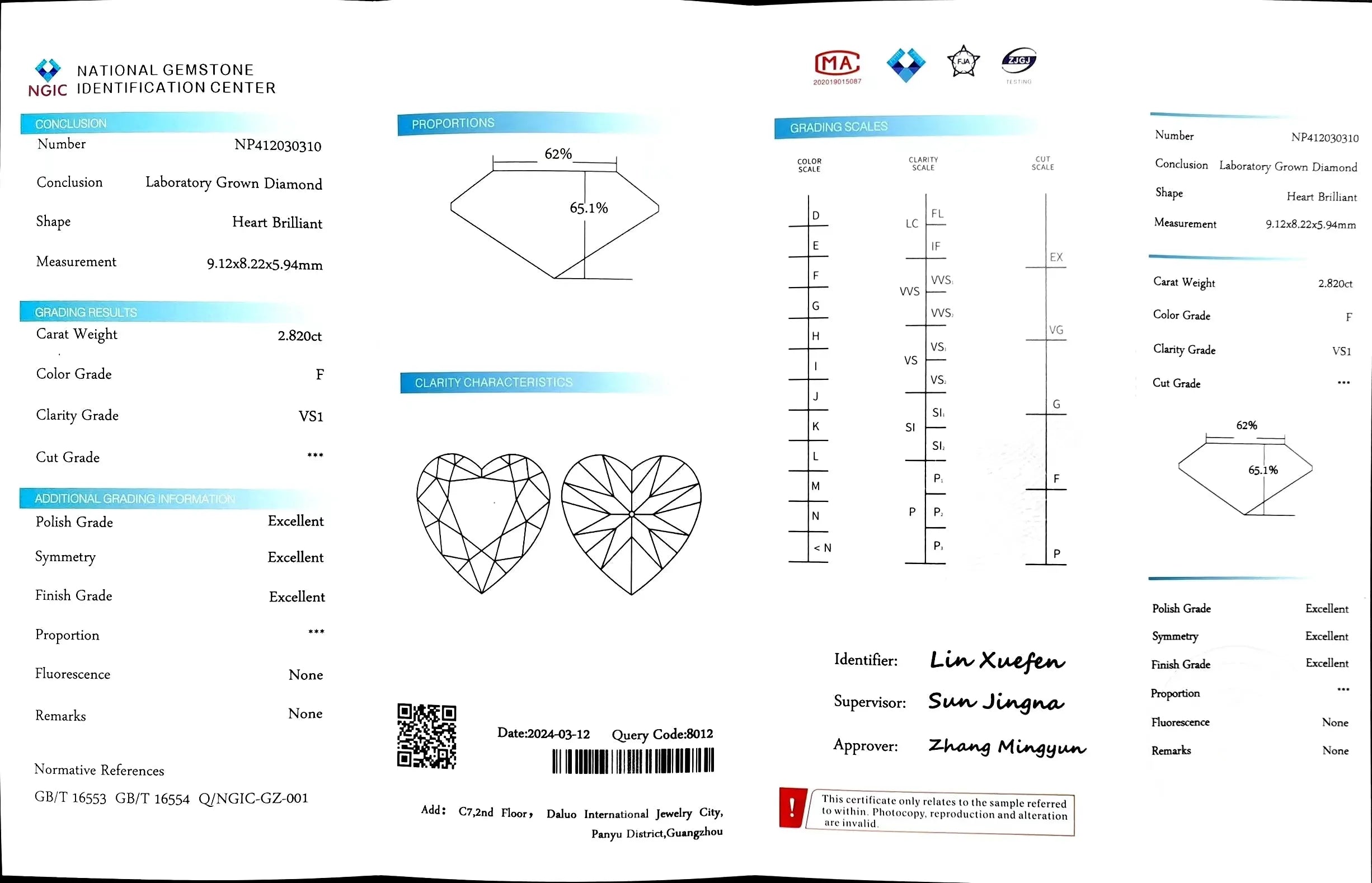 2.820ct Heart Cut Lab Diamond - F Color VS1 | Doveggs Certified