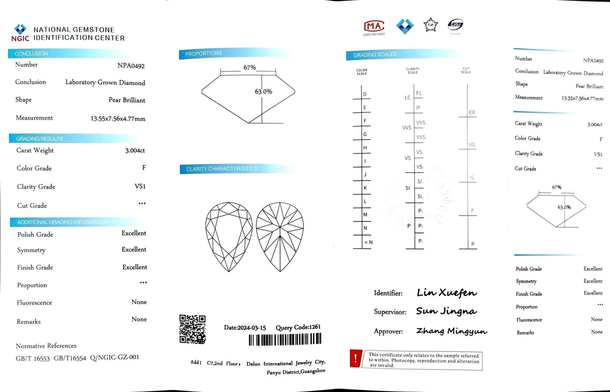 3.004ct Pear Cut Lab Diamond - F Color VS1 | Doveggs Certified