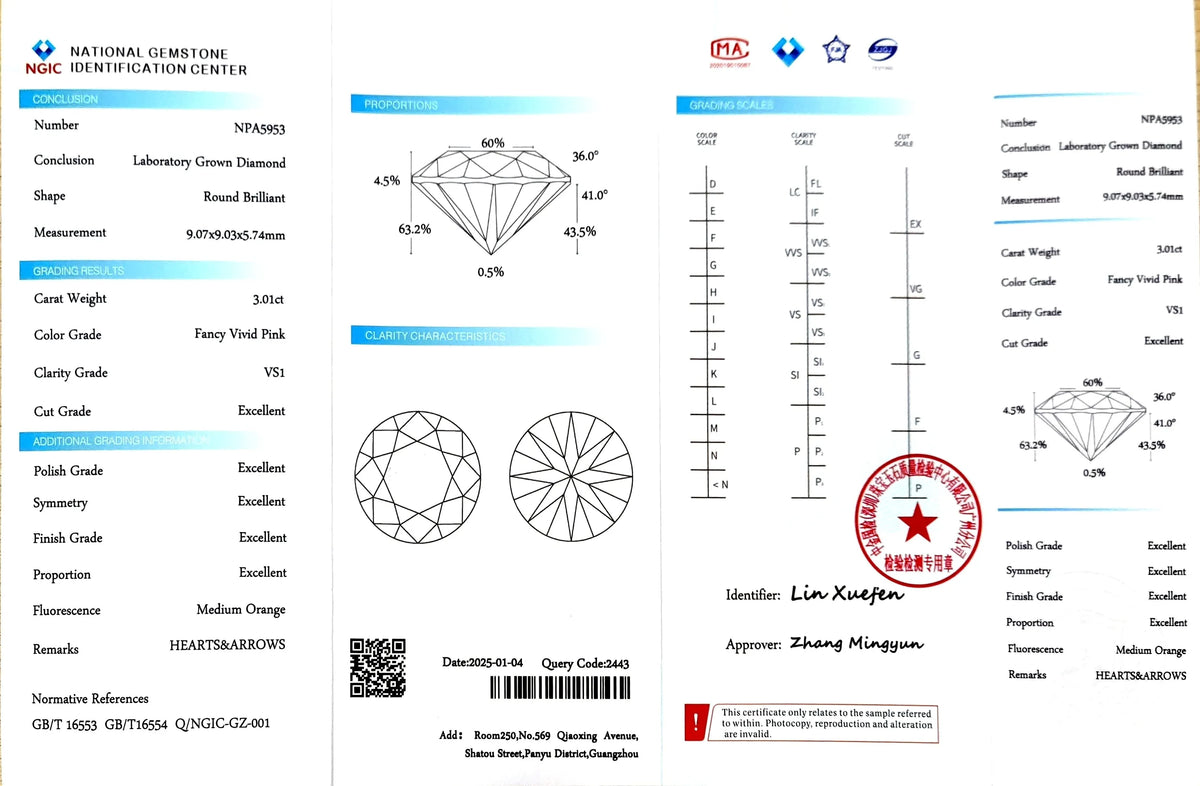 3.01ct Round Fancy Vivid Pink Lab Diamond - VS1 Clarity | Doveggs Certified