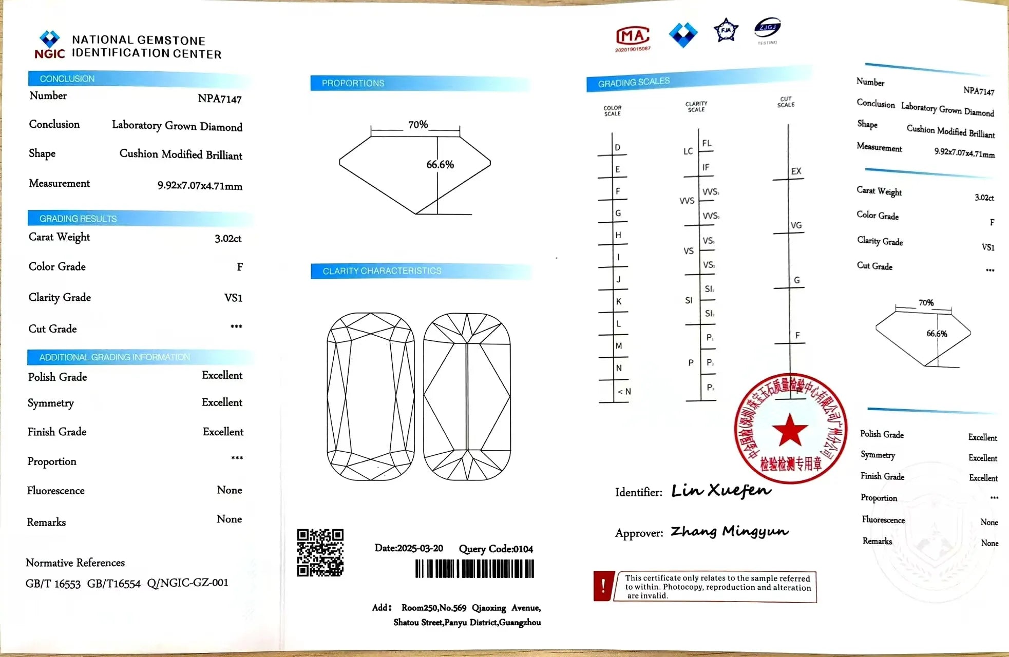 3.02ct Modified Cushion Lab Diamond - F Color VS1 Clarity | Doveggs Certified