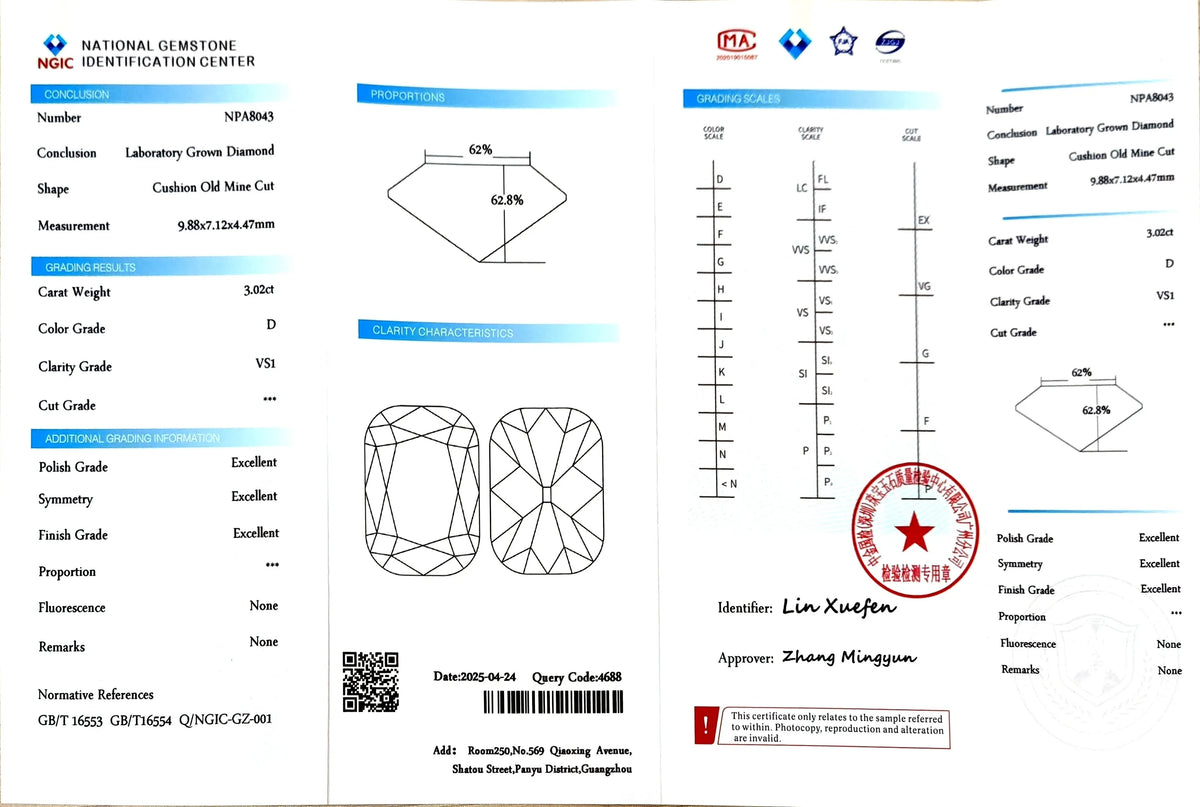 3.02ct Cushion Old Mine Cut Lab Diamond - D Color VS1 | Doveggs Certified