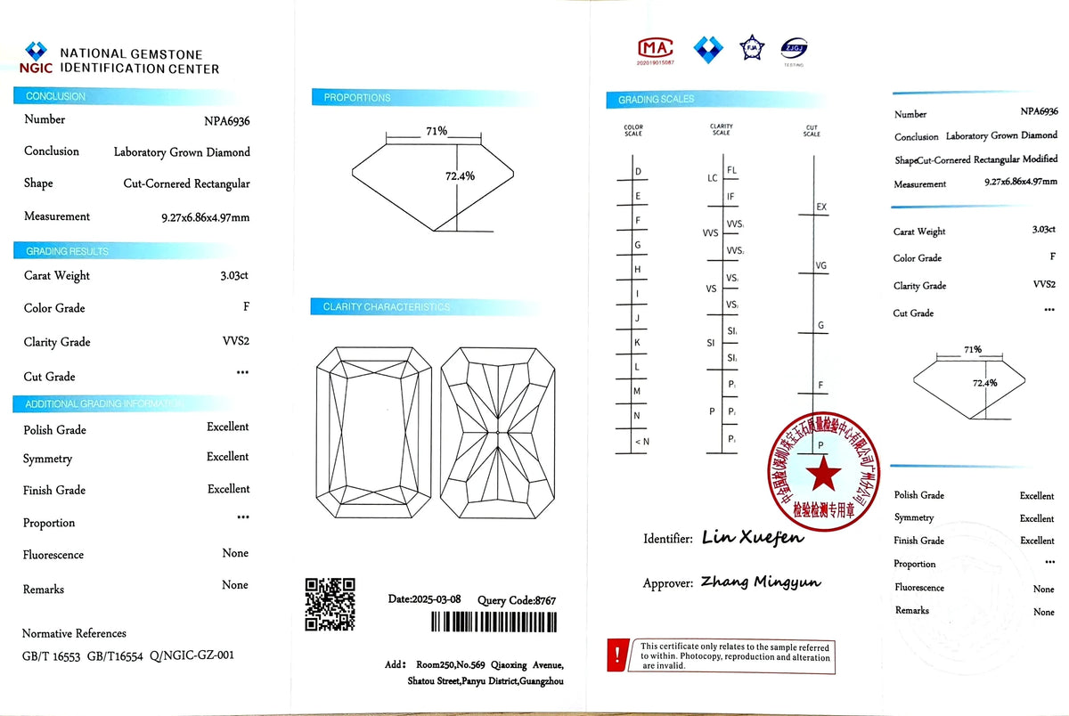3.03ct Radiant Cut Lab Diamond - F Color VVS2 Clarity | Doveggs Certified