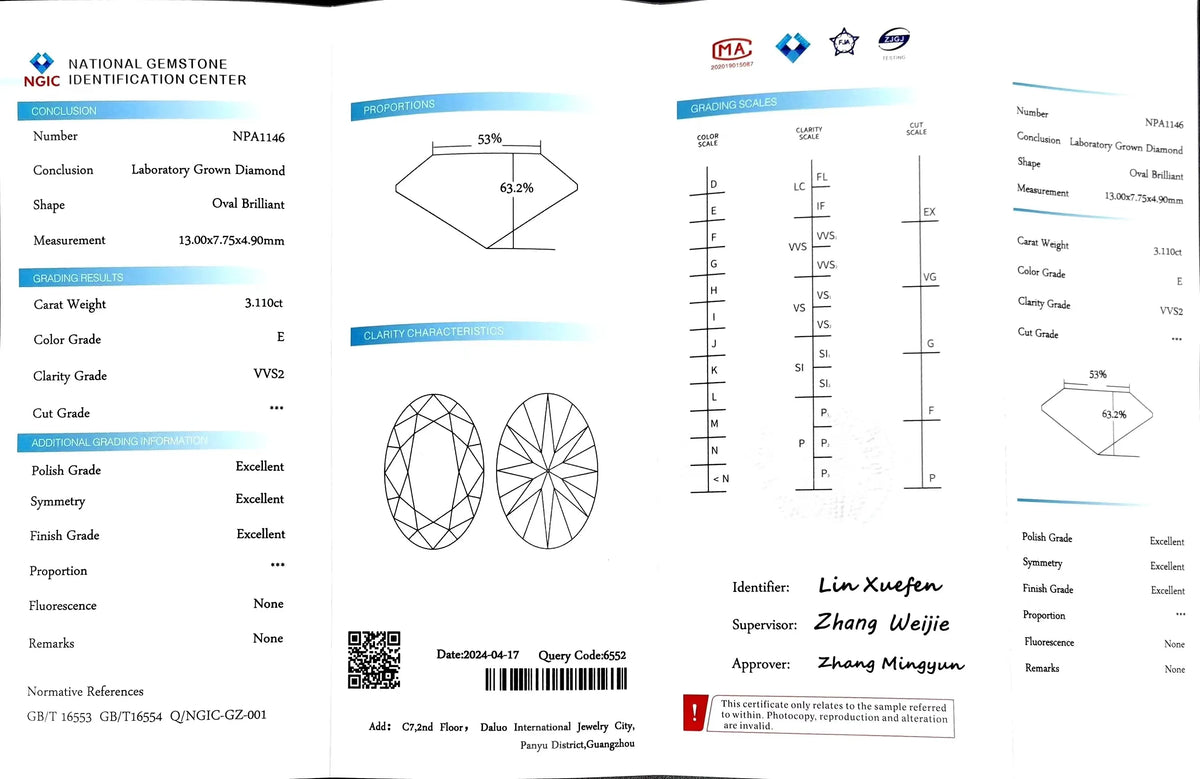 3.110ct Oval Cut Lab Diamond - E Color VVS2 | Doveggs Certified
