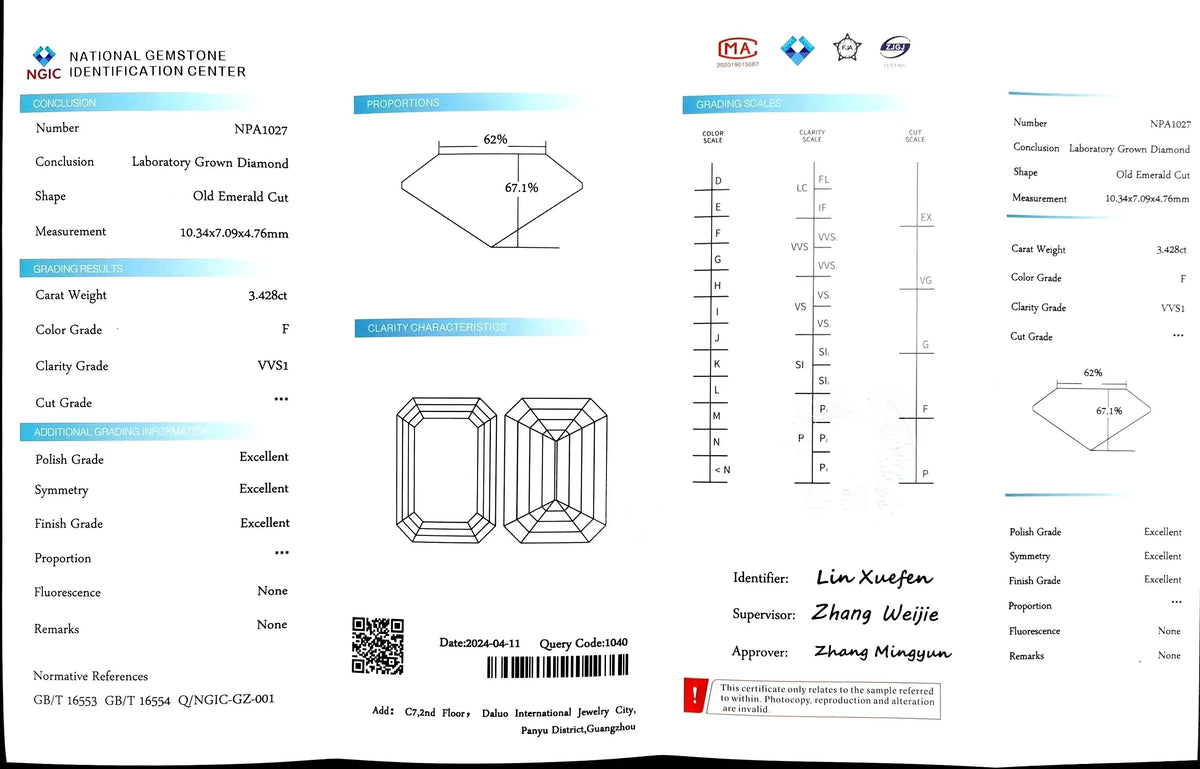 3.428ct Old Emerald Cut Lab Diamond - F Color VVS1 | Doveggs Certified