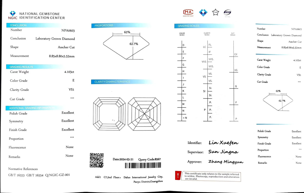 4.103ct Asscher Cut Lab Diamond - E Color VS1 | Doveggs Certified