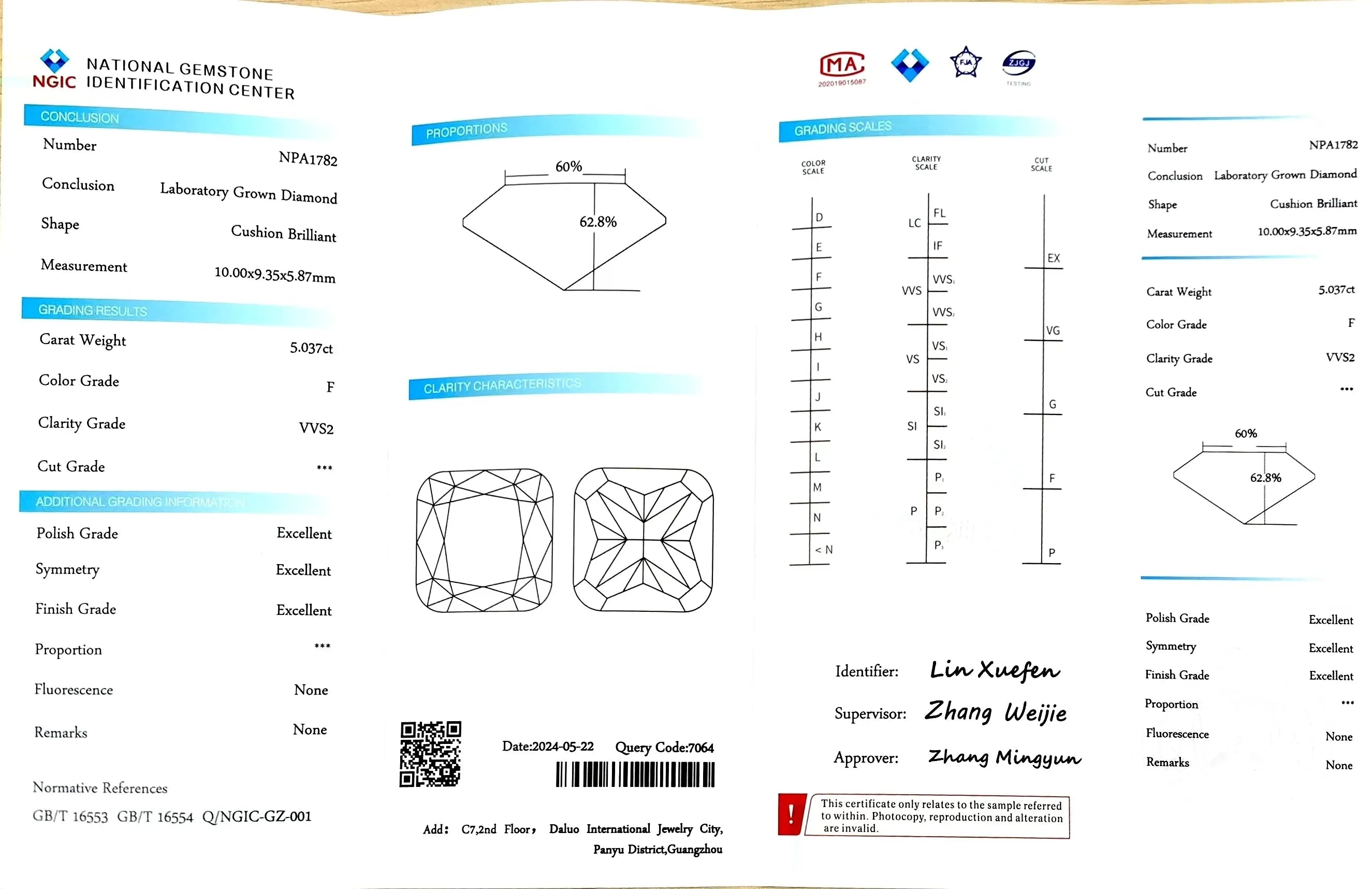 5.037ct Cushion Lab Diamond - F Color VVS2 | Doveggs Certified