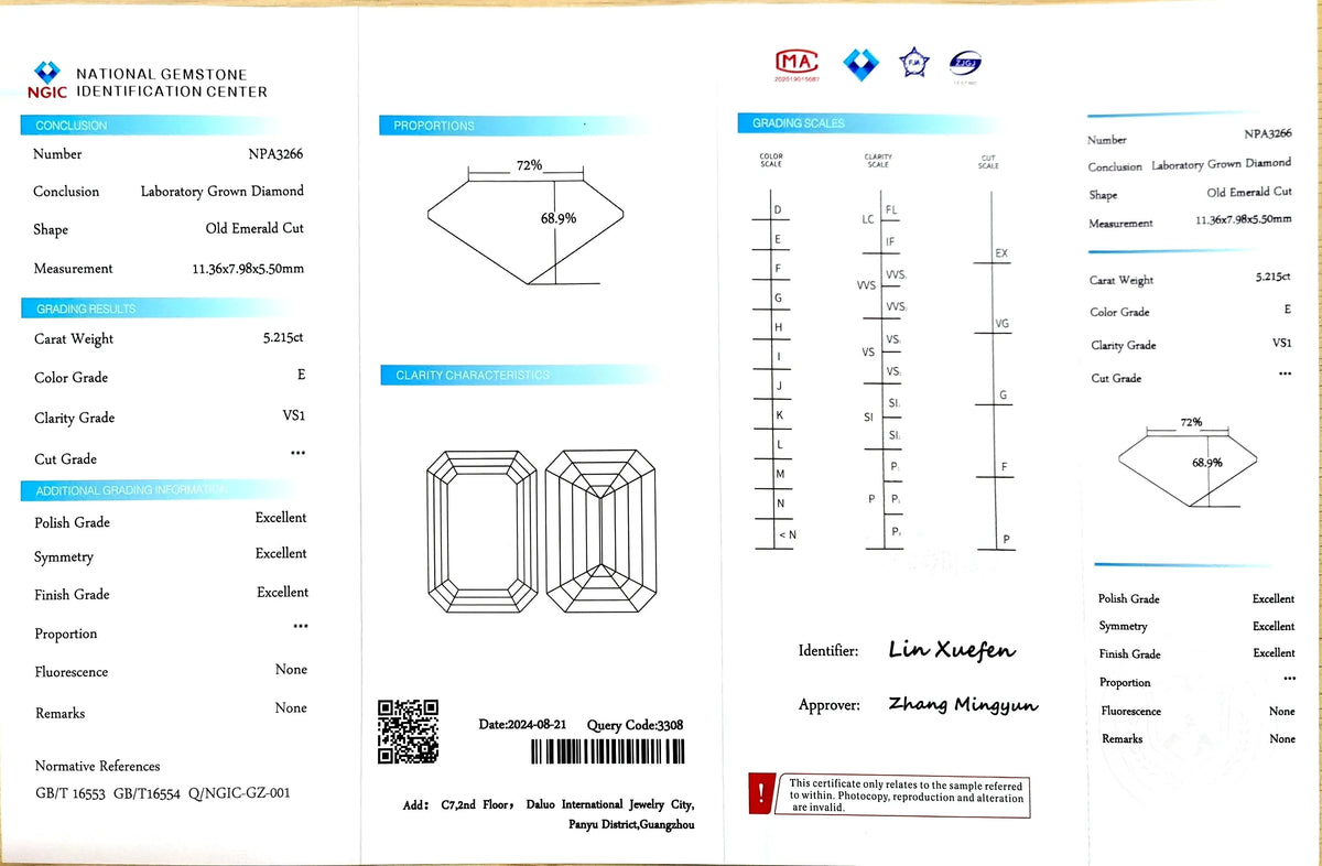 5.215ct Old Emerald Cut Lab Diamond - E Color VS1 | Doveggs Certified