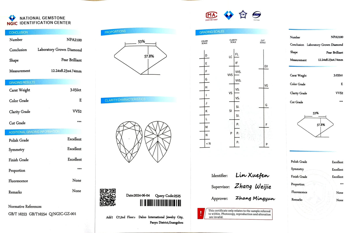 3.032ct Pear Lab Diamond - E Color VVS2 | Doveggs Certified