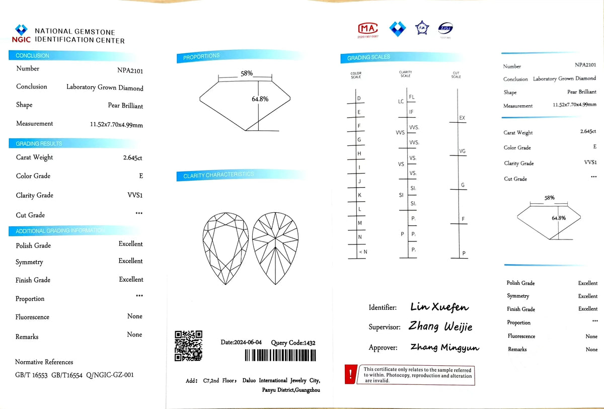 2.645ct Pear Lab Diamond - E Color VVS1 | Doveggs Certified