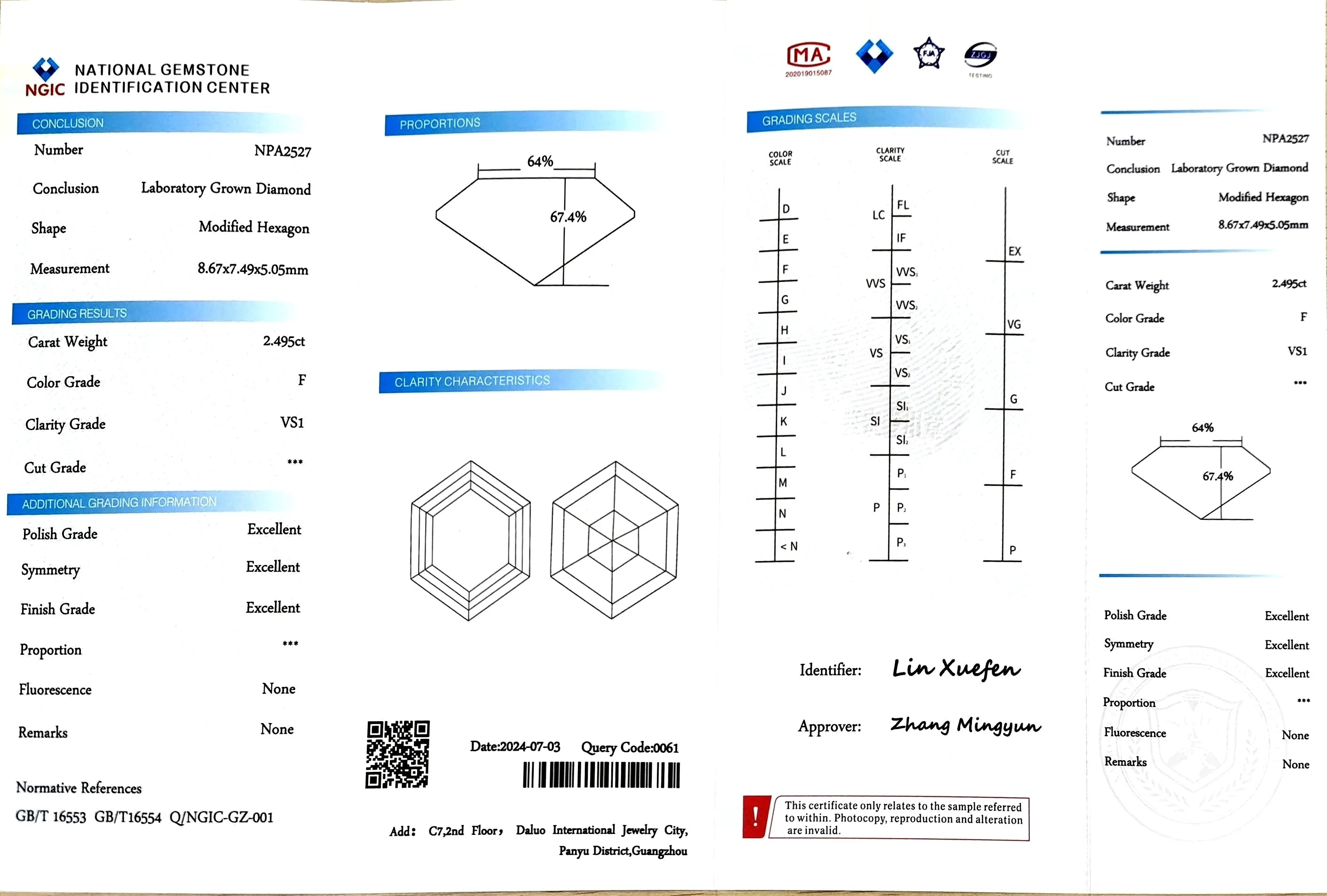 2.495ct Modified Hexagon Lab Diamond - F Color VS1 | Doveggs Certified