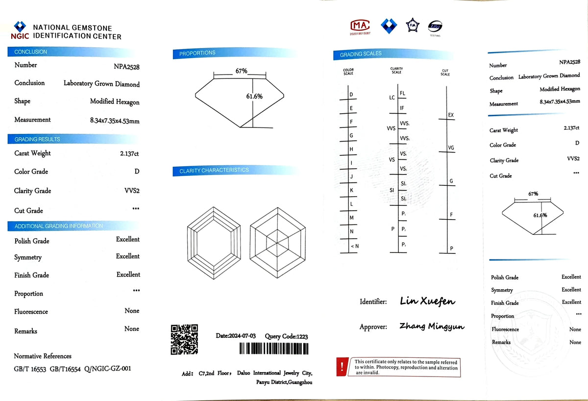 2.137ct Modified Hexagon Lab Diamond - D Color VVS2 | Doveggs Certified